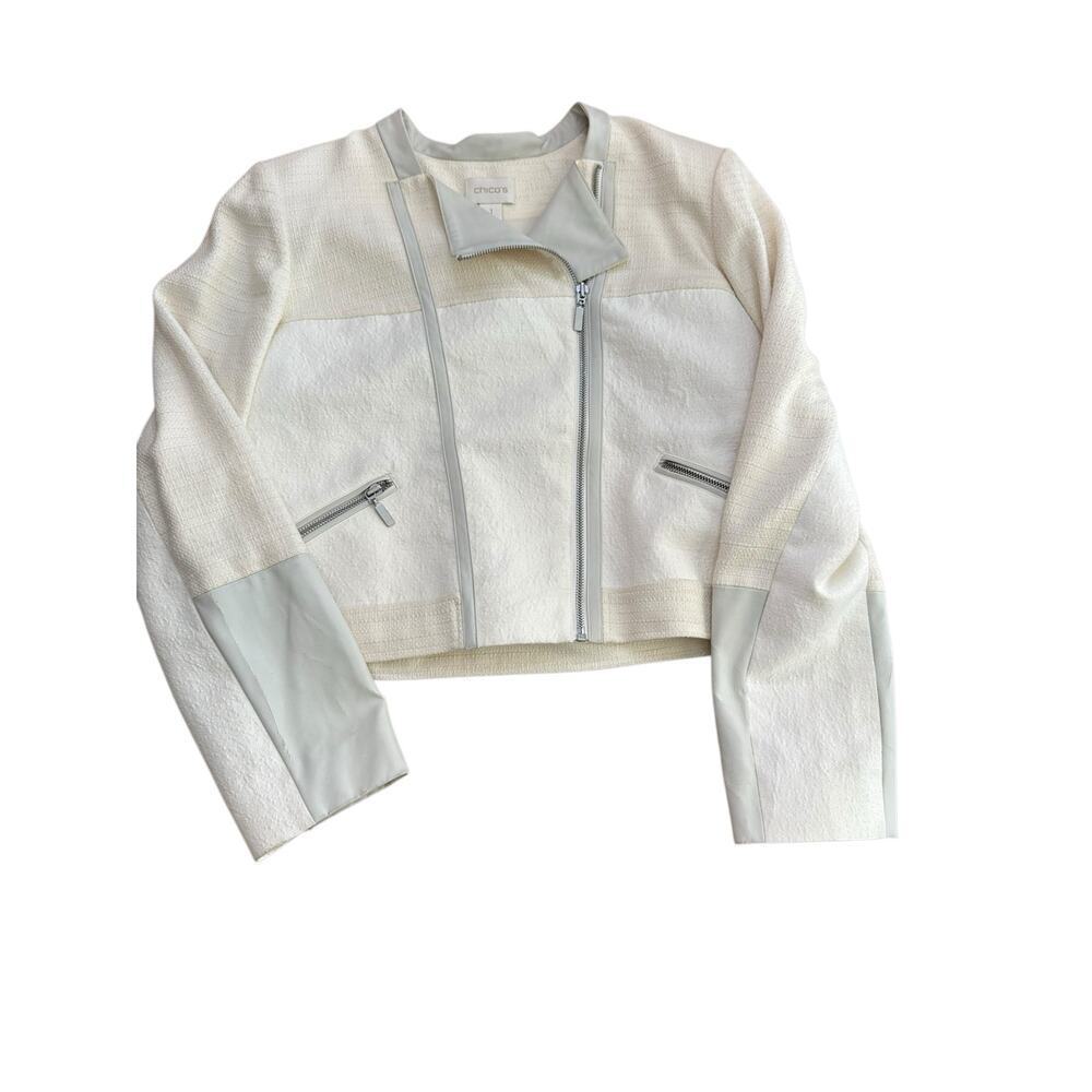 CHICO’S Women's Cream Mixed Textured Fabric Zip Up Moto Short Jacket Size 1
